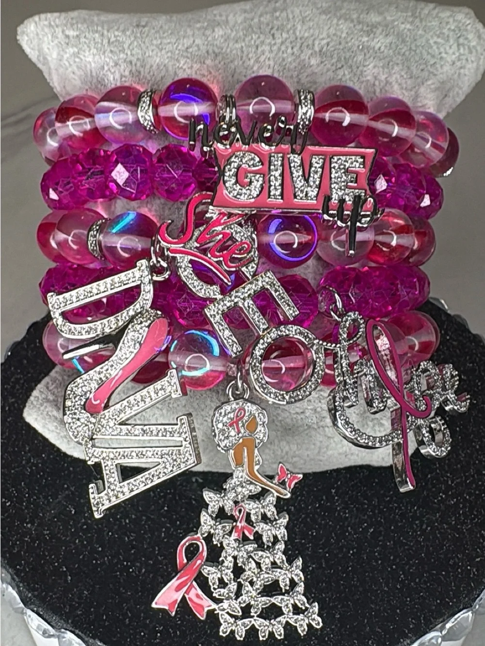 Pink Inspirational Charm Bracelets Stacked